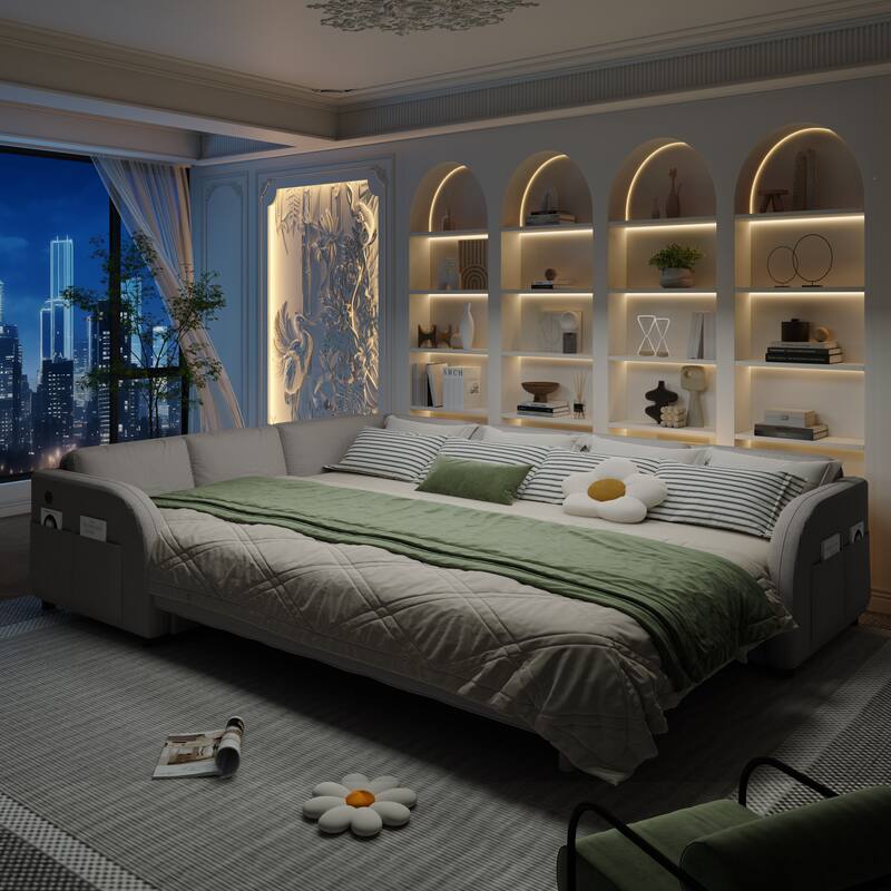 Sectional Sleeper Sofa with Pull Out Bed, Convertible Teddy Fabric Couch with Side Pockets & USB Ports, L Shaped Modular Couches