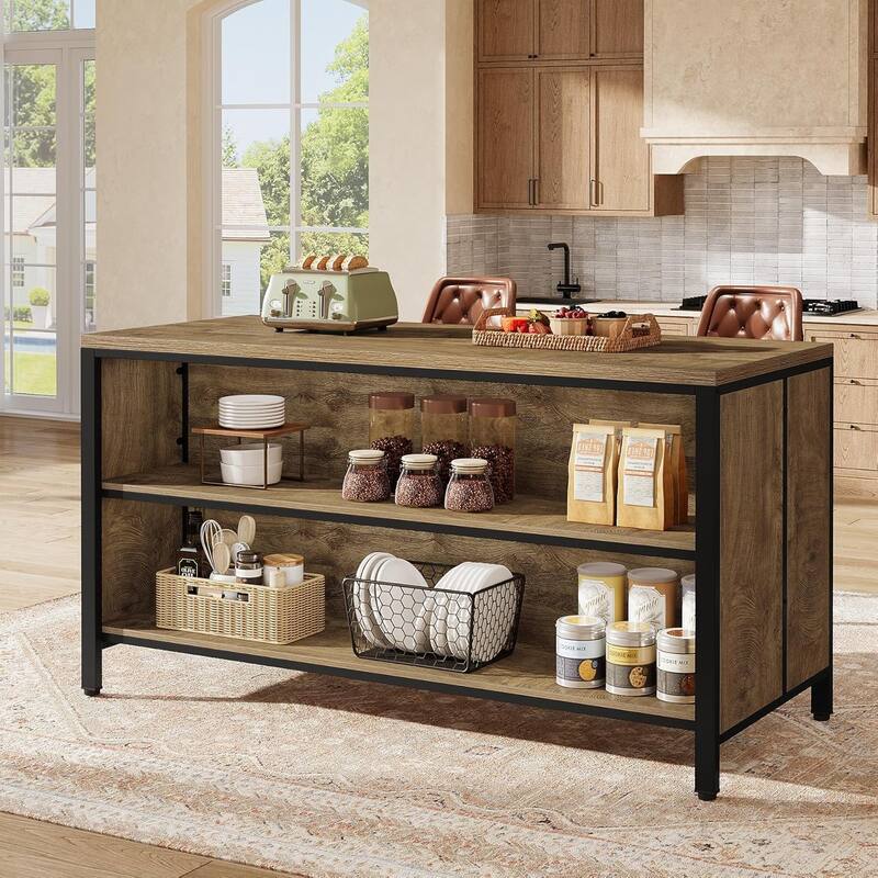 63-Inch Stationary Kitchen Island with Storage Shelves and Large Worktop, Farmhouse Style - 62.99" W × 23.62" D × 35.43" H