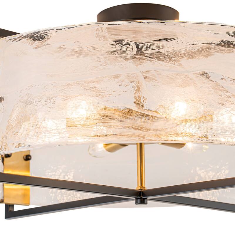 Modern Entryway 6-Light Glazed Glass Drum Semi-flush Mount - Black & Gold - 23.6in