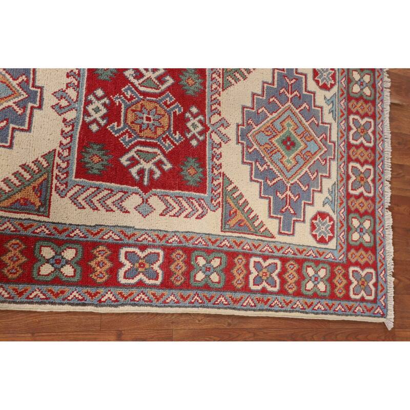 Ivory Geometric Kazak Accent Rug Hand-Knotted Wool Carpet - 2'7" x 4'3"