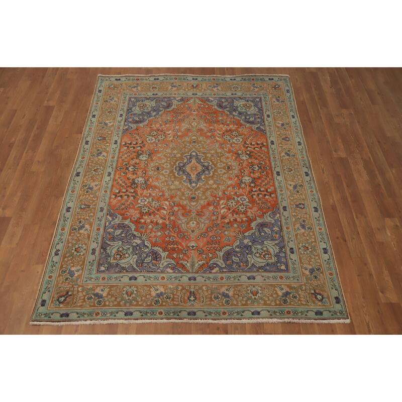 Hand Knotted Oriental 100% Wool Carpet Traditional Floral Oranges & Rust Tabriz Area Rug - 6' 6'' X 4' 11''