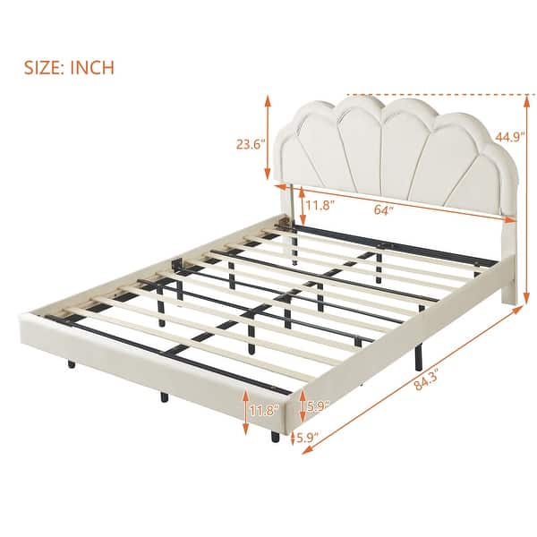 dimension image slide 0 of 2, Queen Size Platform Bed with Smart LED and Elegant Flowers Headboard