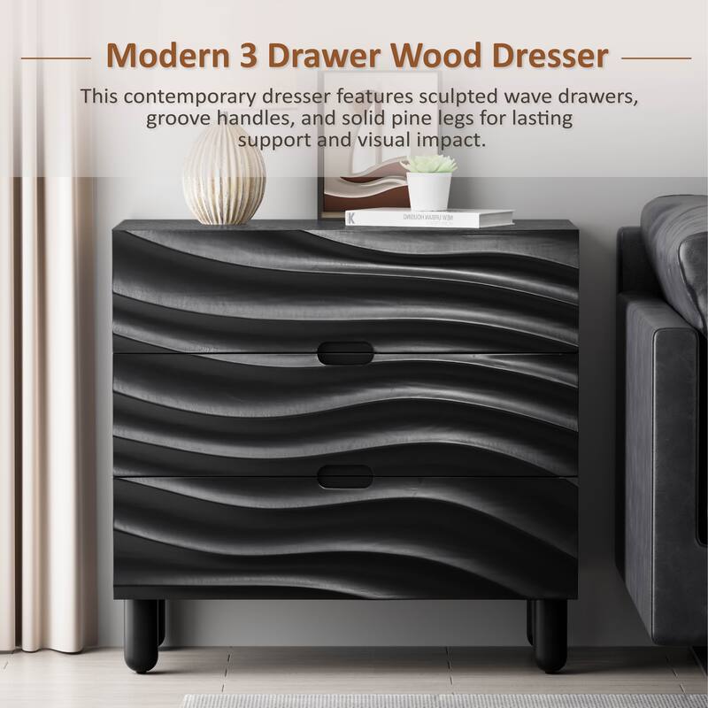 COZAYH Contemporary Wooden Nightstand Featuring 3D Wave Fronts, Modern Storage Dresser with Groove Handles