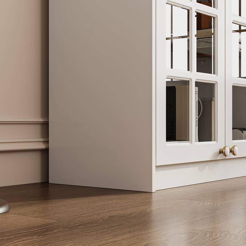 White Wall Cabinet with Glass Panel Doors, 4-Door Hanging Storage Unit for Kitchen, Coffee Bar, Laundry Bookshelves