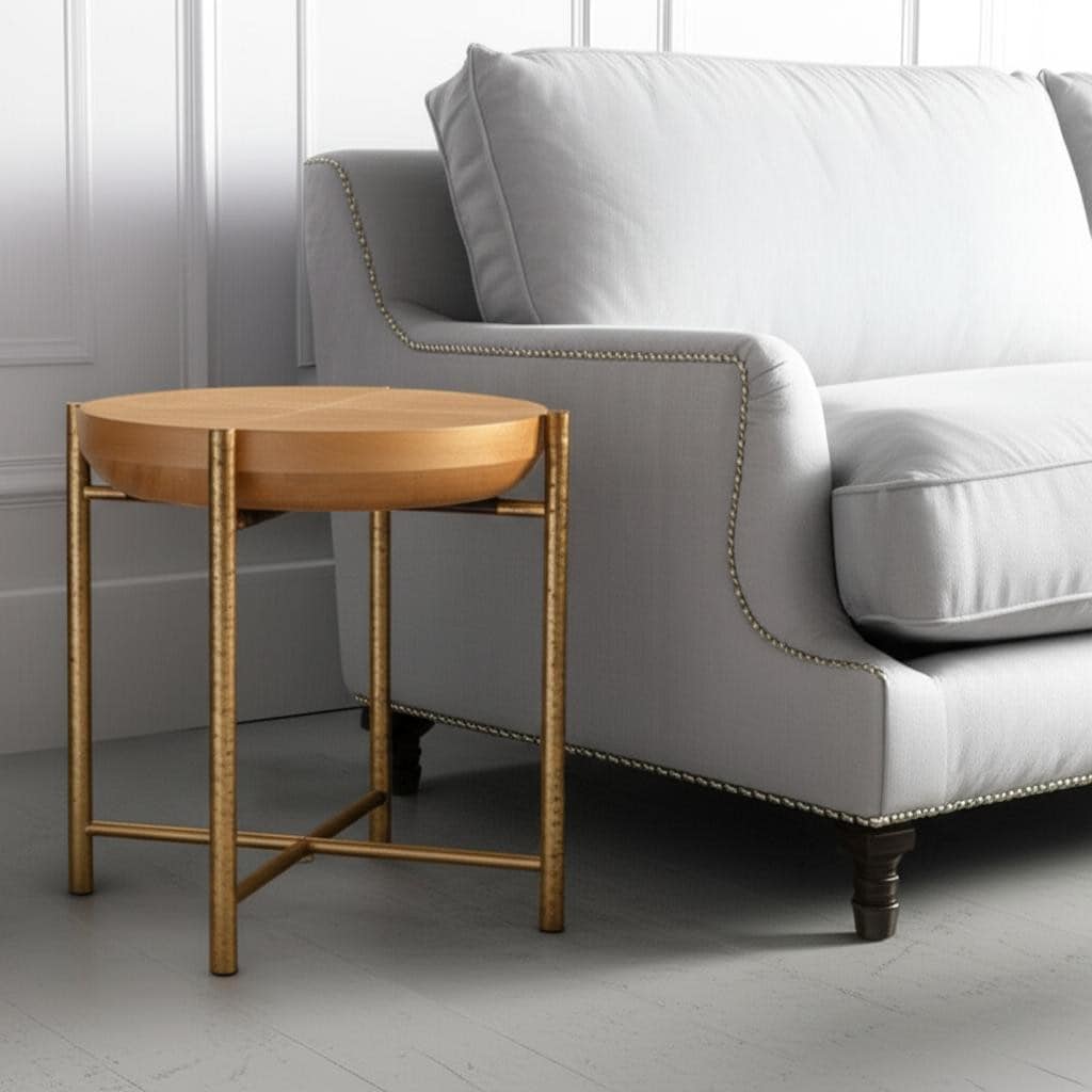 HomeRoots 22" Natural and Gold Wood and Stainless Steel Round End Table - 22.00 in. x 22.20 in. x 22.00 in.