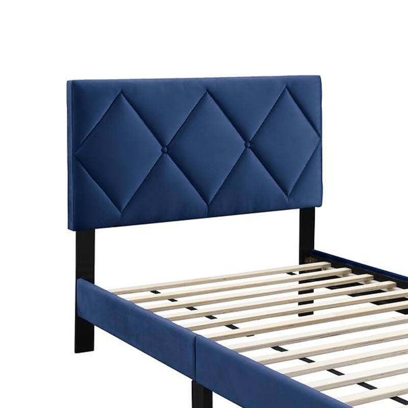Lilian Full Bed, Tufted Navy Blue Velvet Upholstery, Diamond Stitch