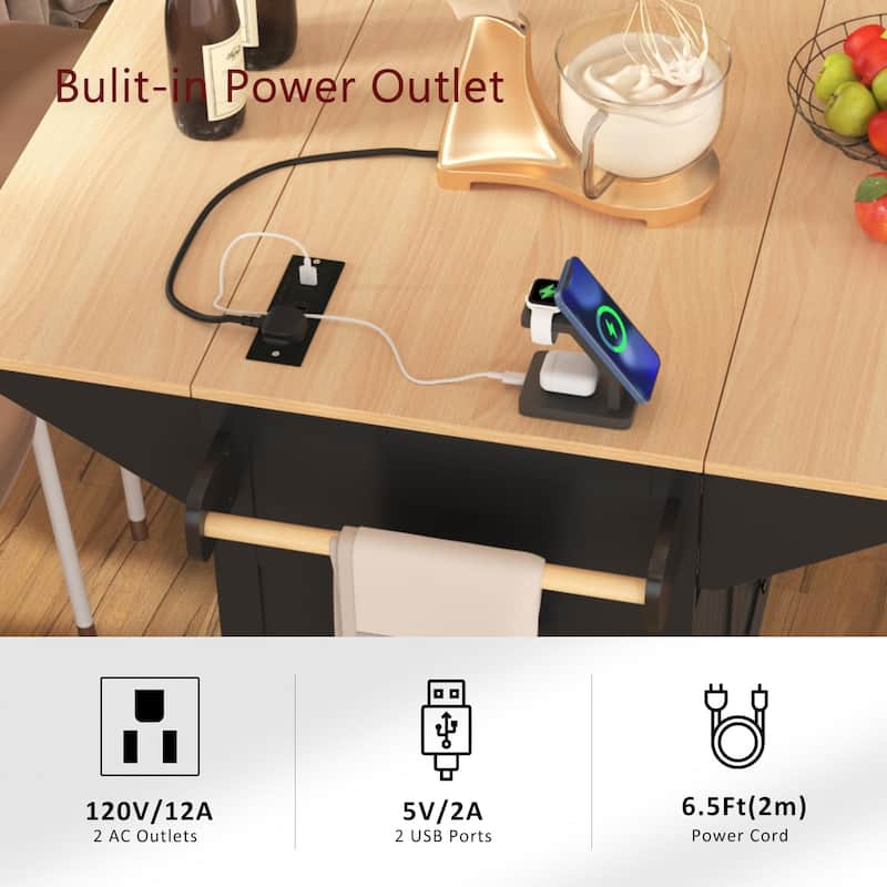 55.7''Kitchen Island,2 Drop Leaf,Rolling Kitchen Cart on 5 Wheels,Power Outlet,Folding Dining Table,Spice & Towel Rack,3 Drawers