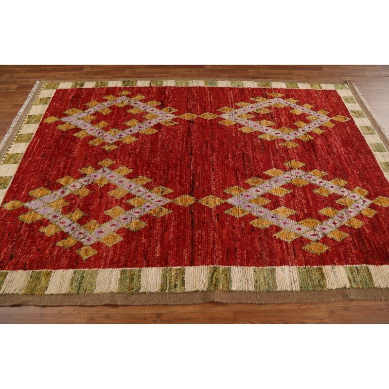 Hand Knotted Oriental 100% Wool Carpet Modern Geometric Red Moroccan Area Rug - 8' 2'' X 5' 5''