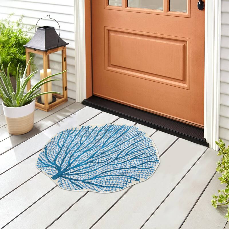 Liora Manne Esencia Coral Fan Indoor/Outdoor Mat Aqua 3'3"x3'3"