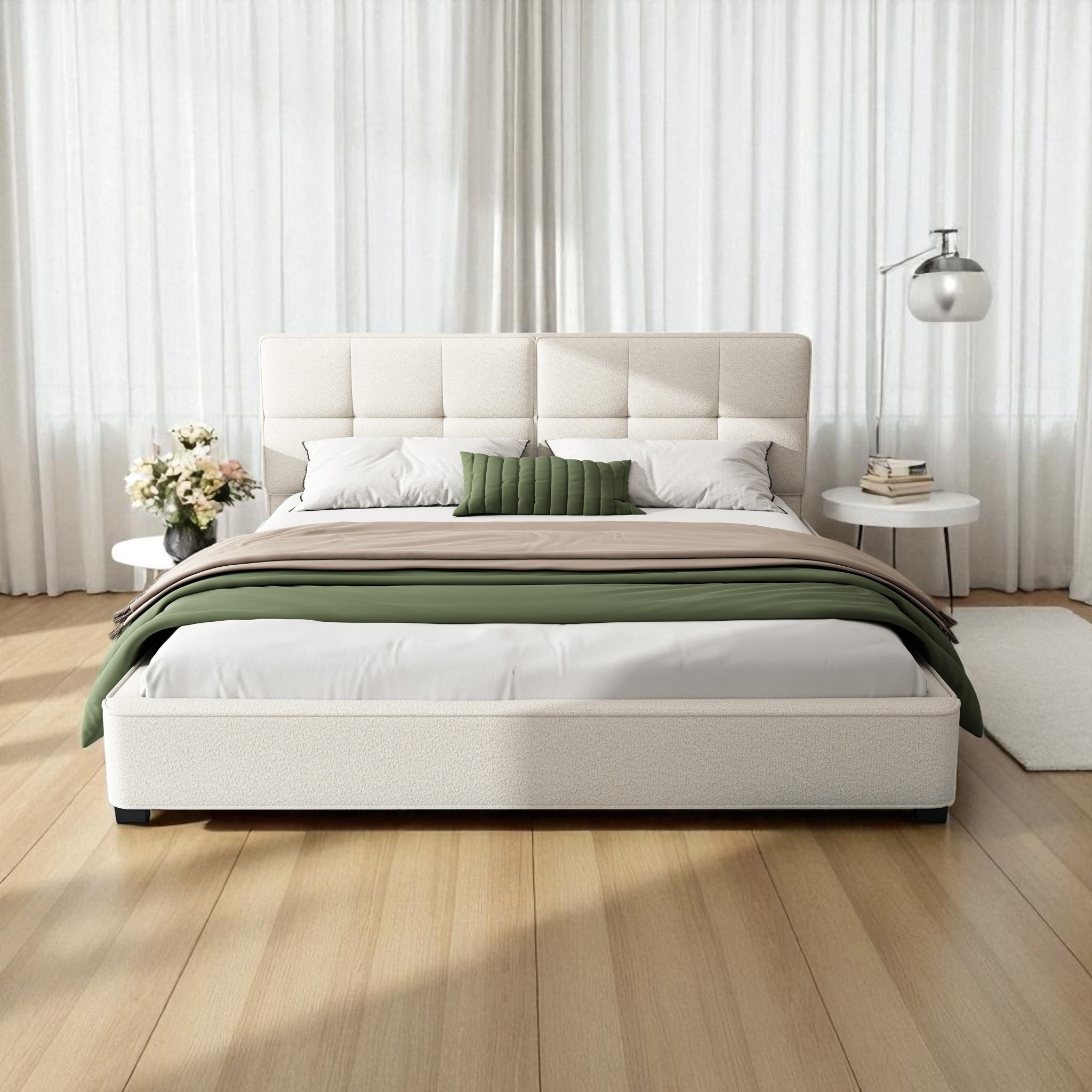 King Size Upholstered Bed Frame with Boucle Tufted Headboard, Platform Design with Slats, No Box Spring Needed