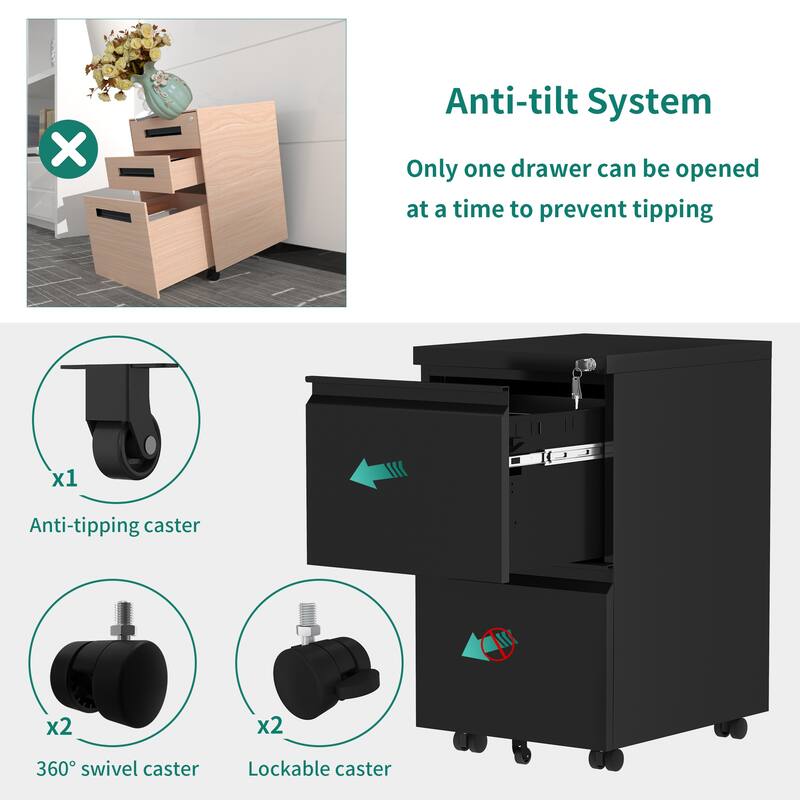 Modern 2/3-Drawer Locking Rolling Wheeled Steel File Cabinet