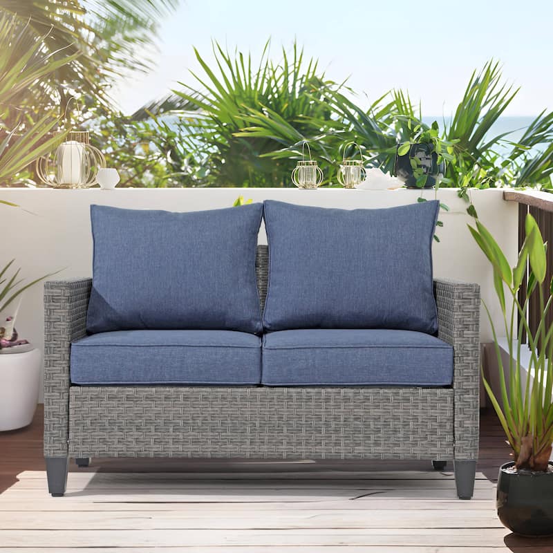 Outdoor Wicker Cushioned Loveseat - Navy/Grey