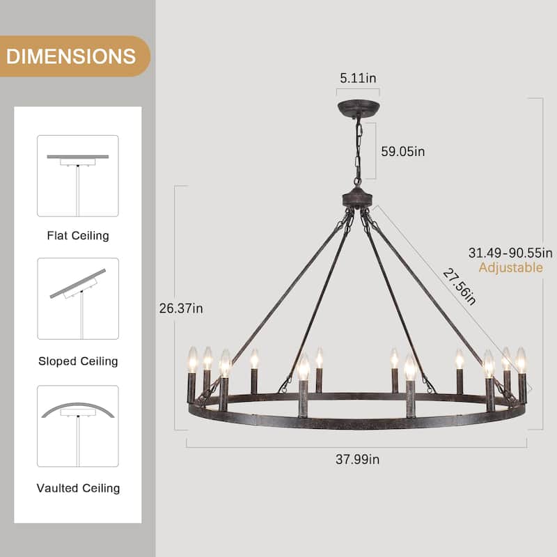 12-light Rustic Farmhouse Wagon Wheel Chandelier for Living Room - W37.99" x H90.55" - N/A