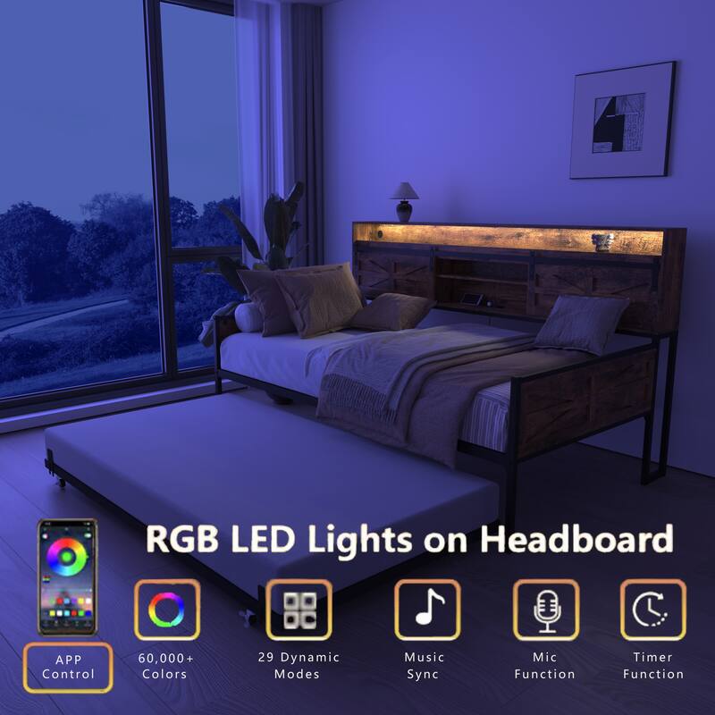 Twin Daybed with Trundle and Charging Station & LED Light