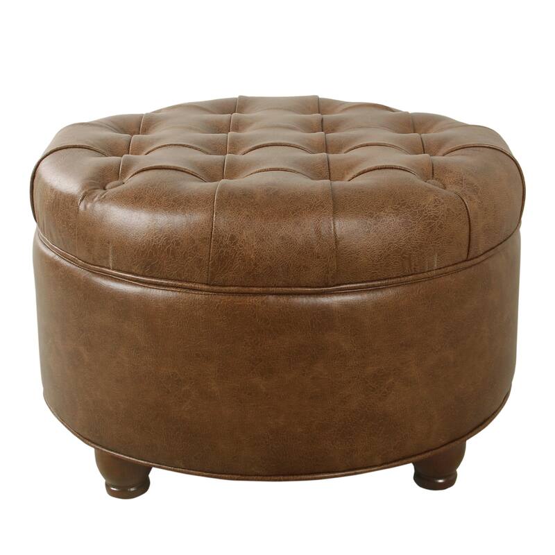 Gery 25 Inch Round Accent Storage Ottoman with Tray Top in Brown Faux Leather - Brown