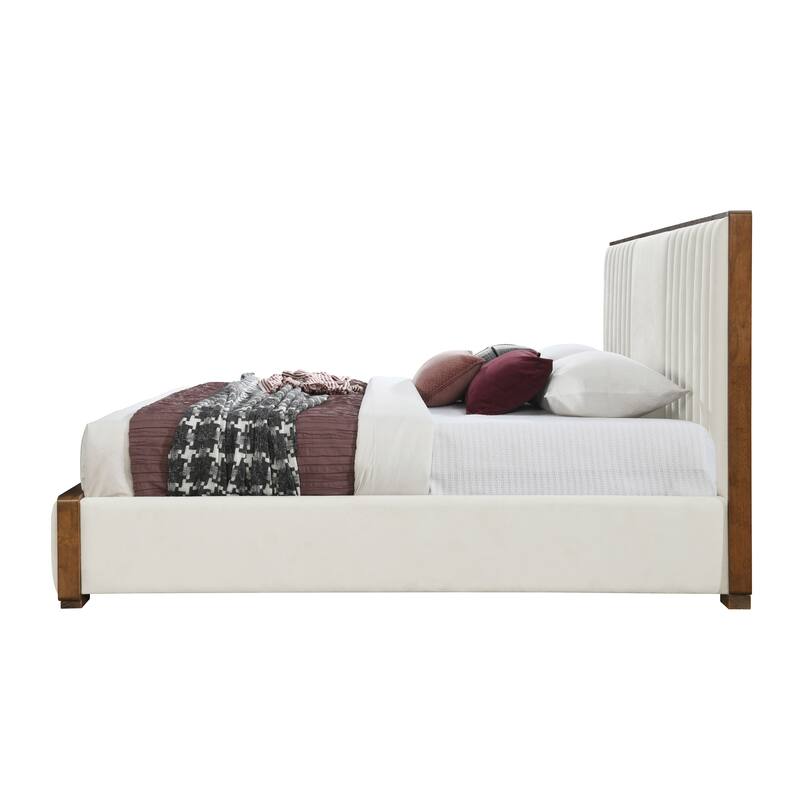 GDFStudio Upholstered Beige Chenille and Walnut Finish Platform Bed