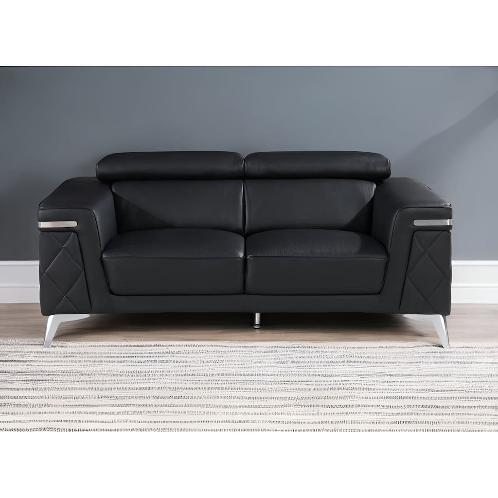 HomeRoots 70" Black And Silver Metallic Top Grain Leather Loveseat