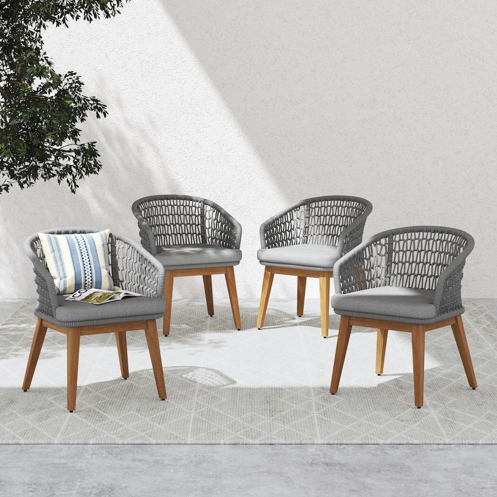 Outdoor Woven Rope Armchairs with Cushions, Set of 4