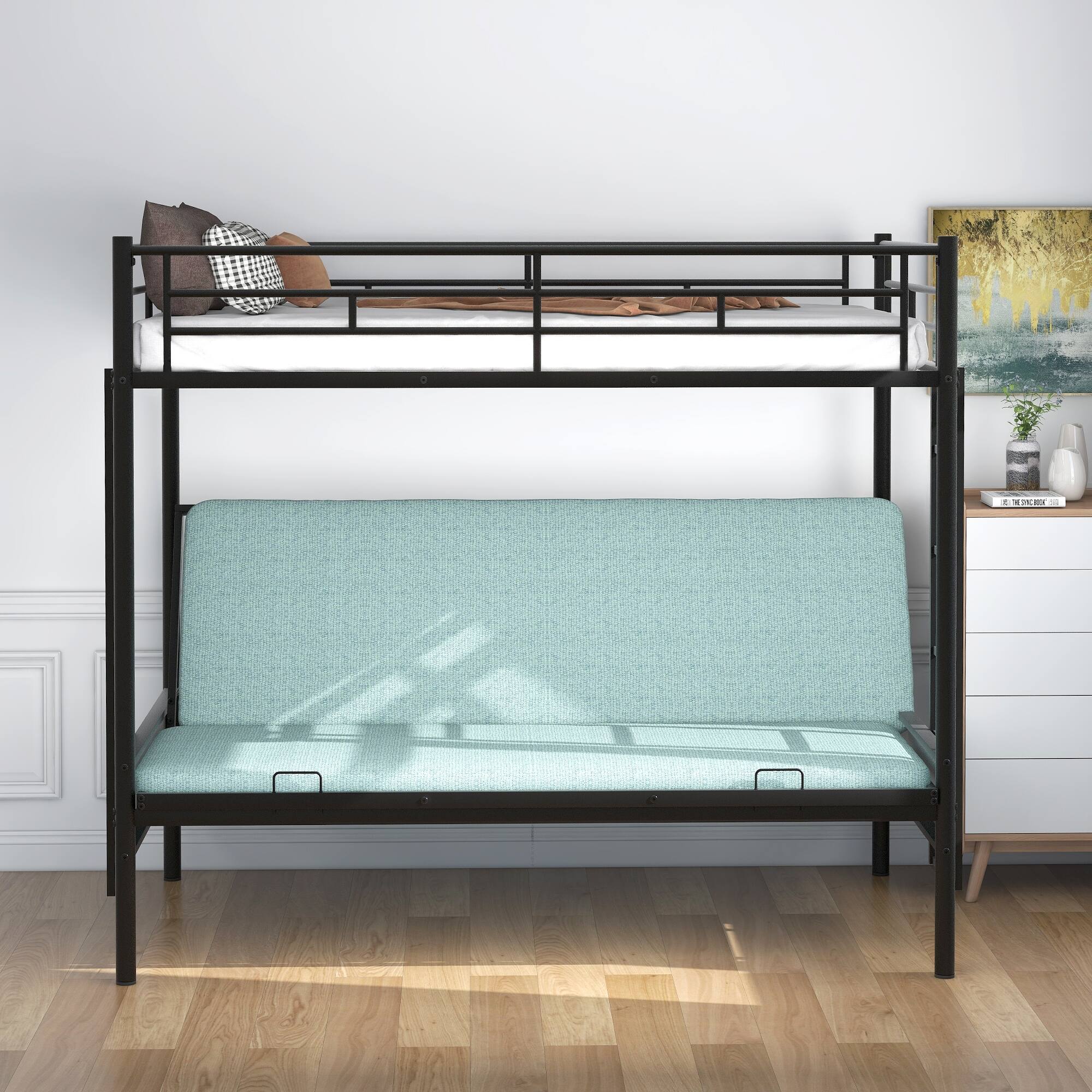 Black Metal Twin over Full Bunk Bed with Futon Conversion, Integrated Ladder, and Safety