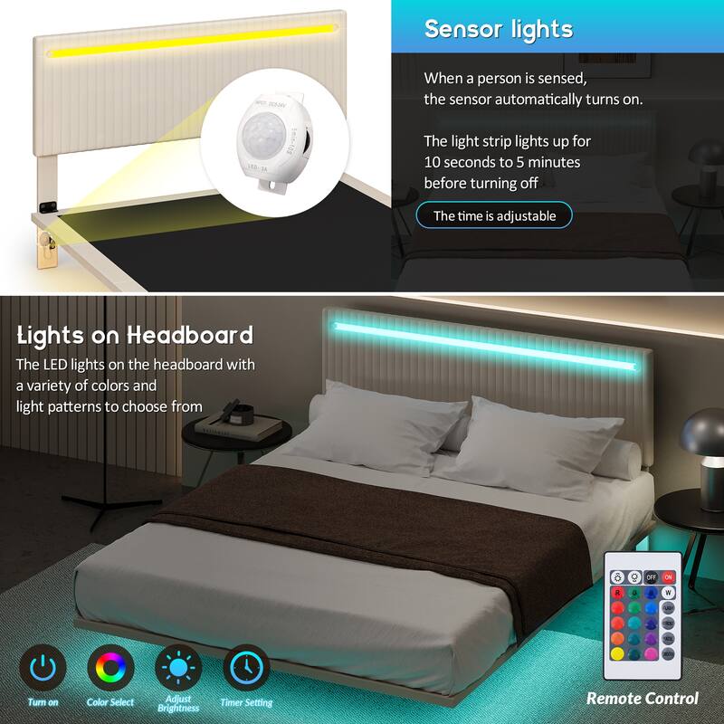 Modern Upholstered Floating Bed Frame with LED Lights, Vertical Channel Design Velvet Fabric Bed, Queen Size, Beige