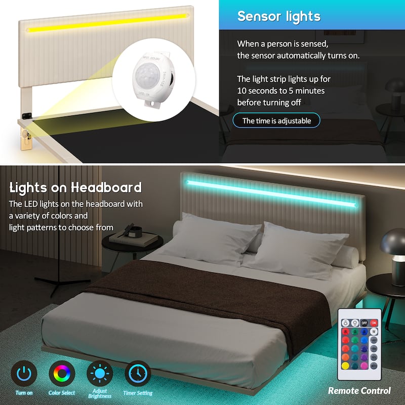 Modern Upholstered Floating Bed with LED Lights, Vertical Channel Design Velvet Fabric Bed Frame, No Box Spring Needed