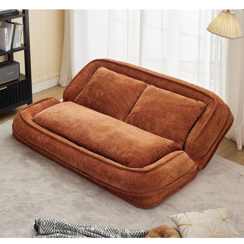 Pet Friendly Lazy Loveseat Sofa 2-in-1 Chenille Floor Couch Double Human Sleeper Bed with 5 Adjustable Position, Plump Pillows