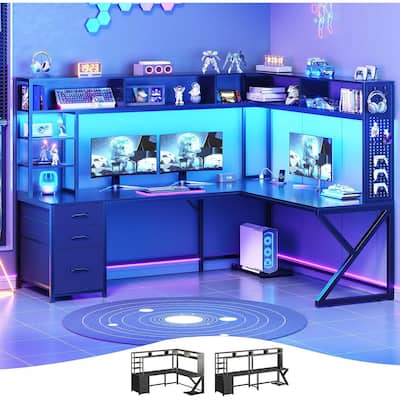 L Shaped Gaming Desk with Storage Shelves and Hutch Computer Desk 3 Drawers