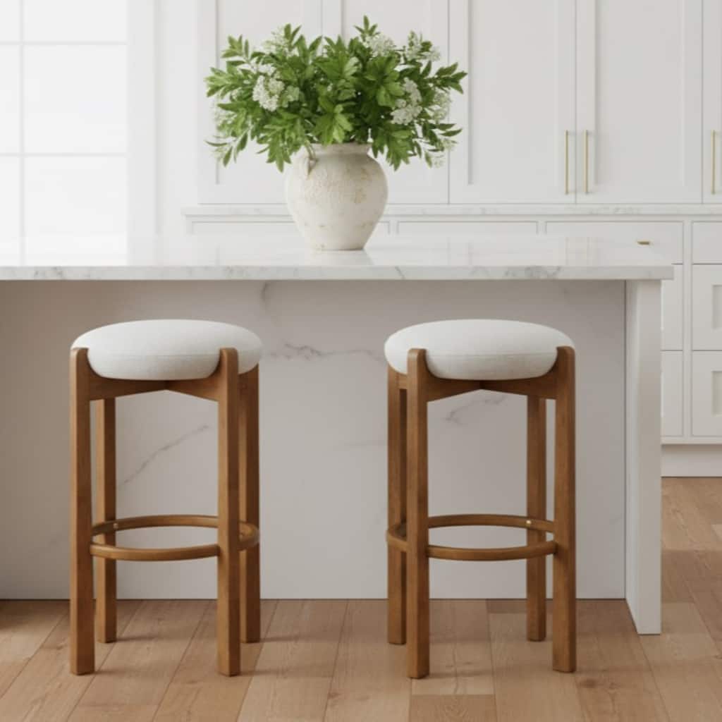 Roomfitters Tara Indoor Wooden Barstools with Ivory Upholstery, Light Walnut Finish