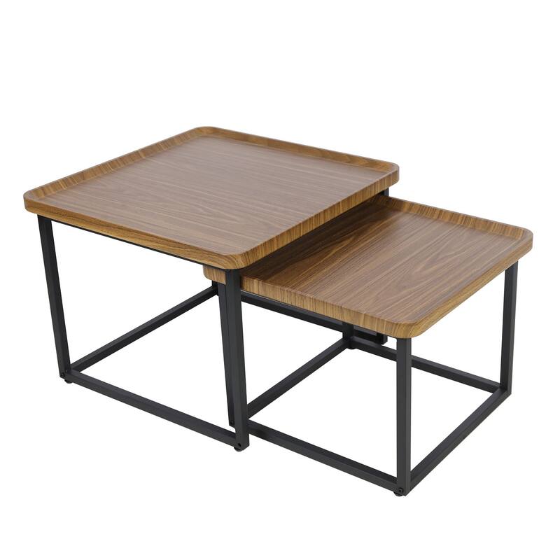 Square Nesting Coffee Table Set of 2 Wood Metal Stacking Side Table - 22"x22"x18"