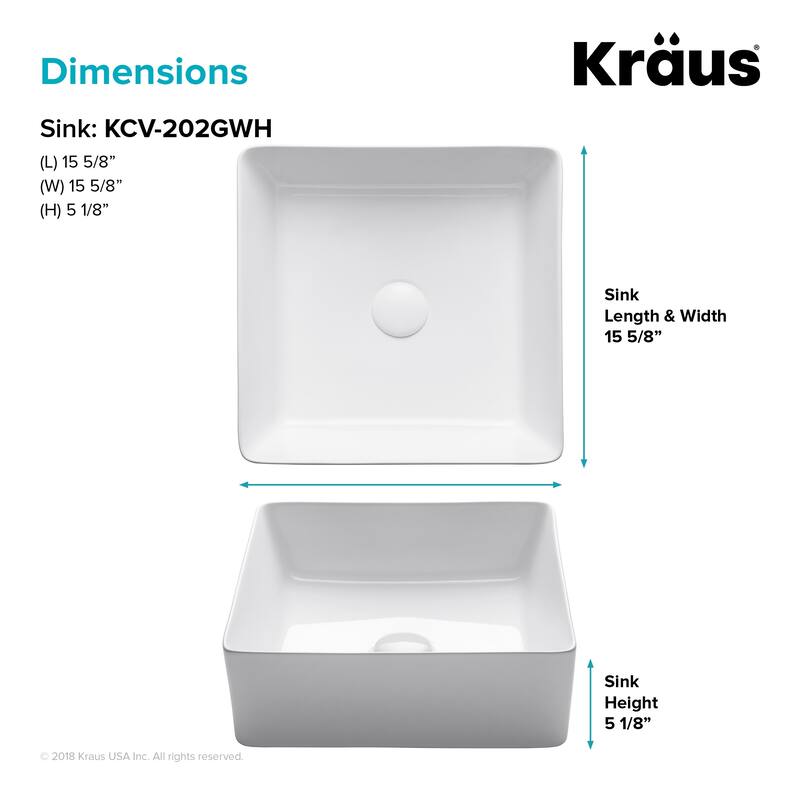 KRAUS 15 5/8 inch Viva Square White Ceramic Vessel Bathroom Sink