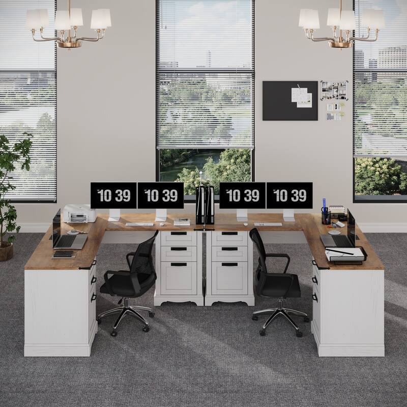 L Shaped Desk Set of 2, Wood Office Desk with Charging Station - White