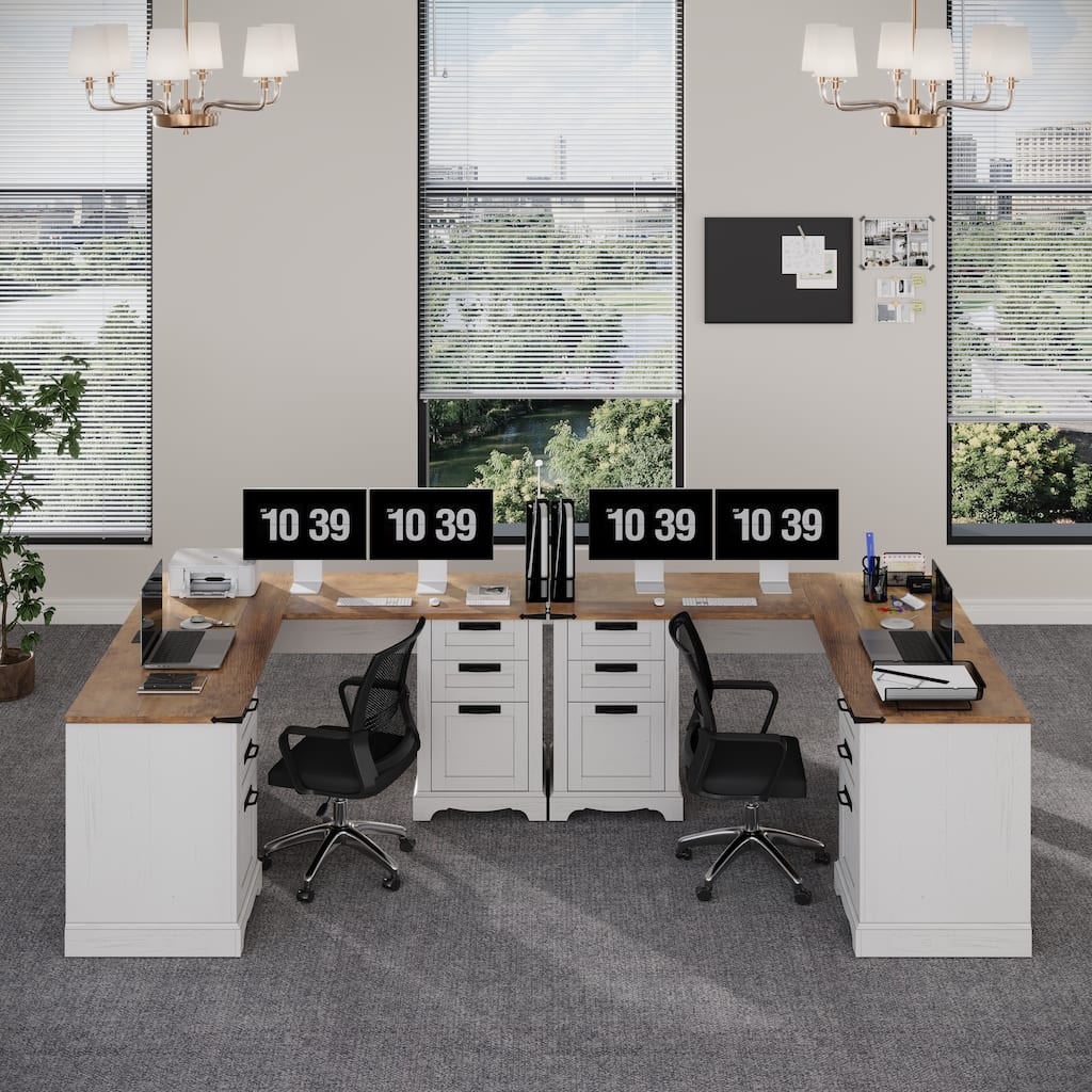 L Shaped Desk Set of 2, Wood Office Desk with Charging Station