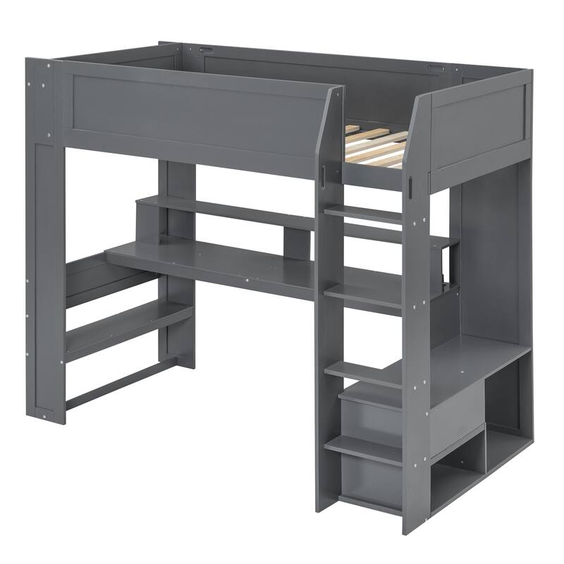 Dark Gray Twin Size Solid Wood MDF Gaming Loft Bed with Desk, Shelves, LED, and Charging Station