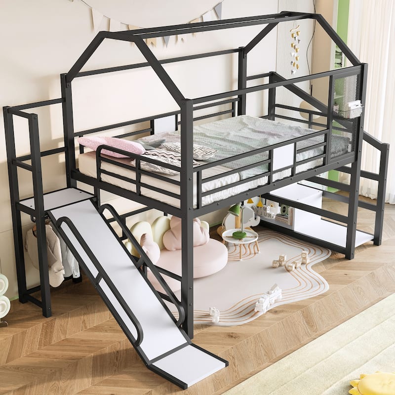 Fun Play House-shaped Loft Bed Metal Bed Frame with Grid and Shelves