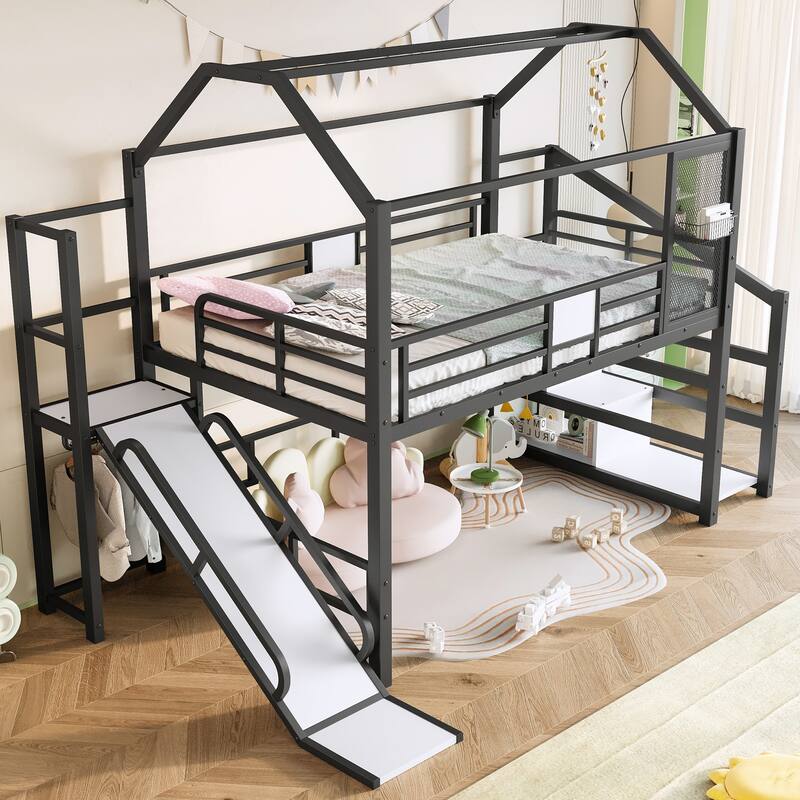 House-Shaped Loft Bed with Slide, Stairs, and Storage, Black Metal Twin Bed for Kids