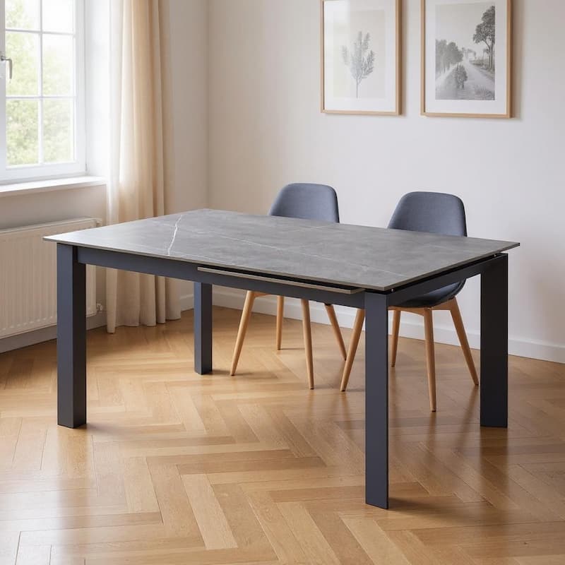 HomeRoots 55" Gray Ceramic and Metal Self-Storing Leaf Extendable Dining Table - 55.00 in. x 29.50 in. x 35.50 in. - Gray - 55.00 in. x 29.50 in. x 35.50 in.