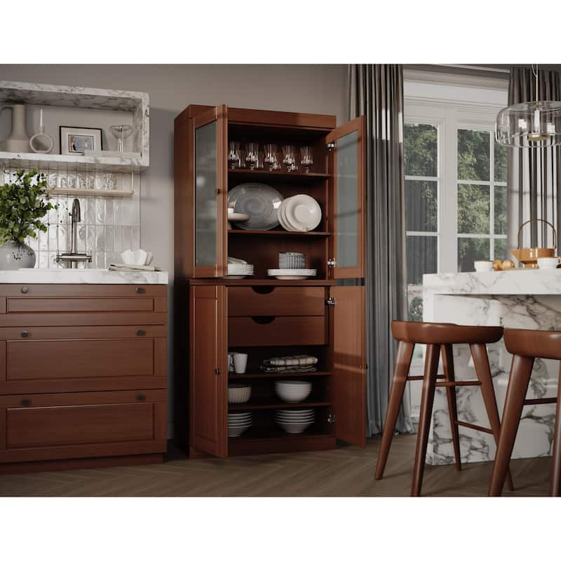 Palace Imports 100% Solid Wood Pantry Cabinet with Frosted Glass Doors, Solid Doors, 2-Drawers and Adjustable Shelves - Mocha