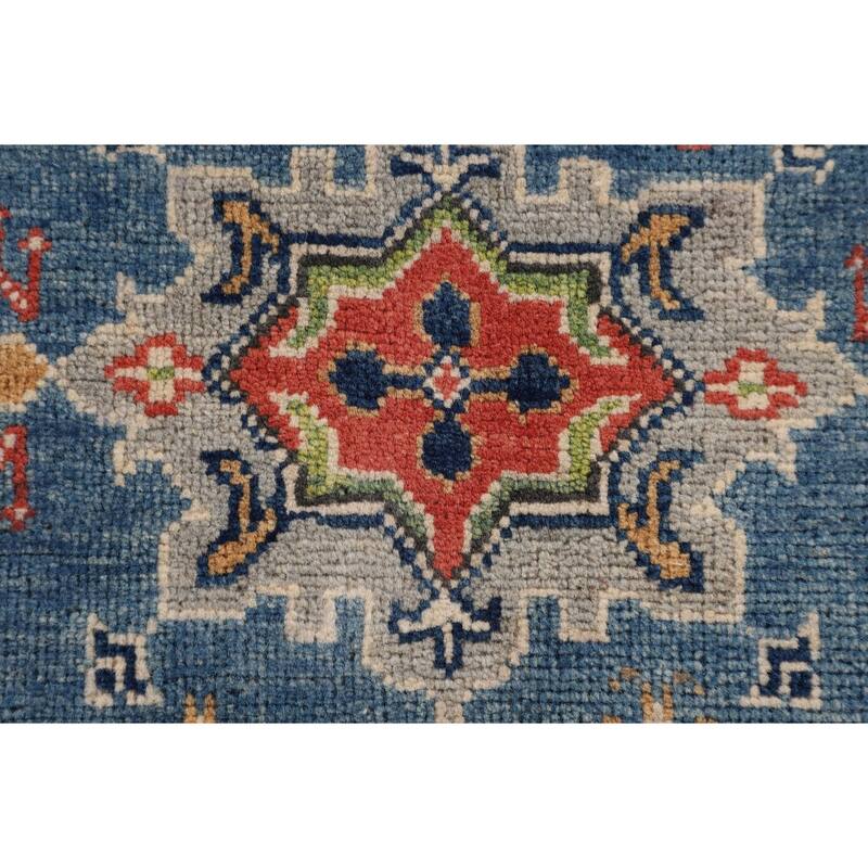Blue Geometric Kazak Accent Rug Handmade Wool Carpet - 2'8" x 4'3"
