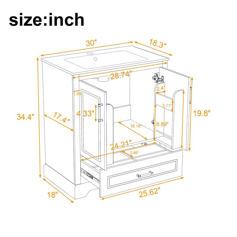 30" Bathroom Vanity with Sink, MDF and Solid Wood Frame, 1 Divider Drawer and 2 Soft-close Doors (Double Shelf on Door)