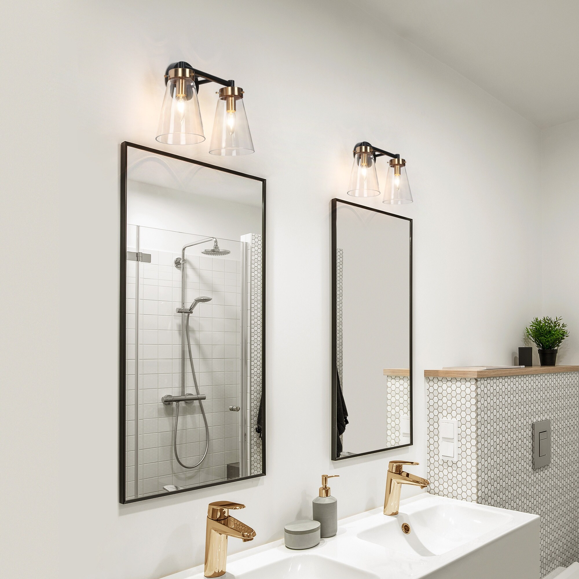 Glint 4 Light Black Gold Bathroom Vanity Lights Clear Cone Glass Wall Sconces
