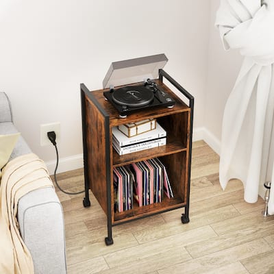 3-Tier Record Player Stand with USB Type-C Ports Vinyl Storage and Lockable Rolling Wheels - 19.5" x 16" x 33.5"