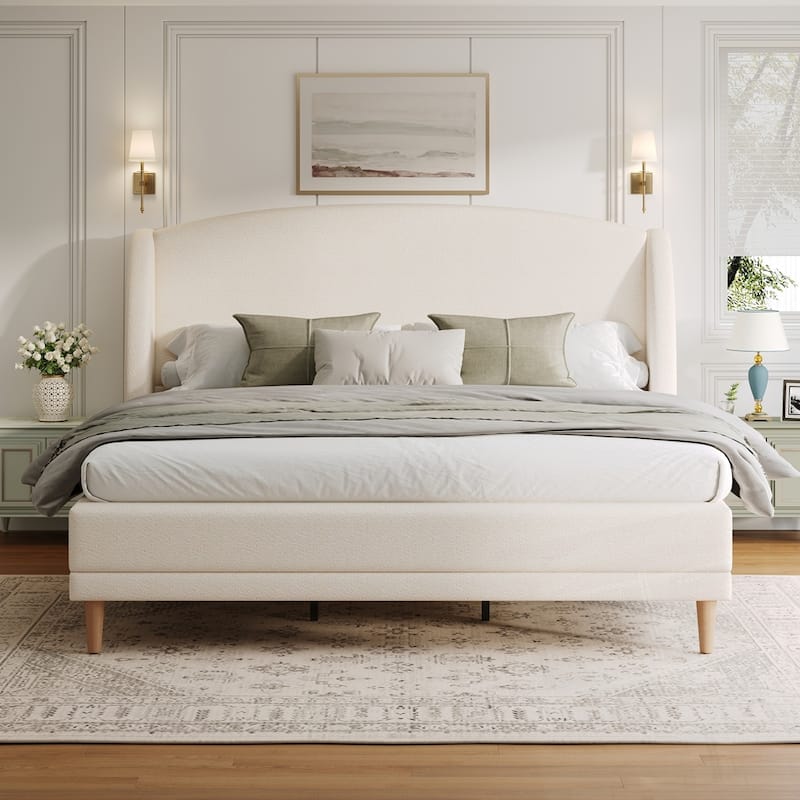 Upholstered Platform Bed Boucle Fabric and Wingback Headboard