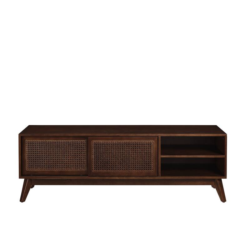 59" Dark Wood TV Stand with Rattan Sliding Doors, Boho Media Console with Solid Wood Legs & Adjustable Feet