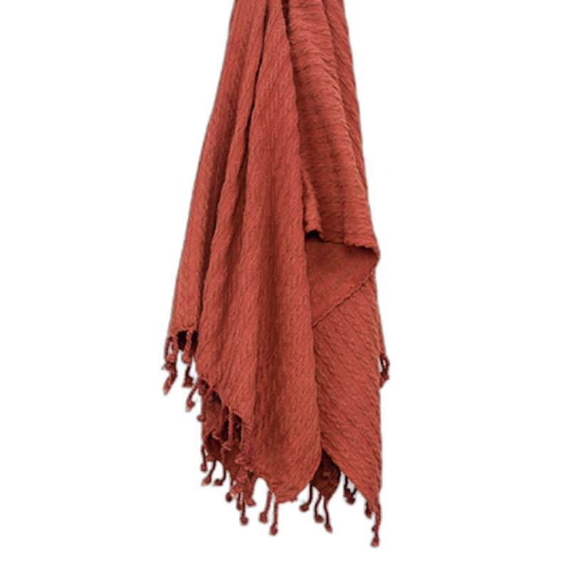 HomeRoots 50" X 60" Burnt Orange Cotton Knitted Striped Throw Blanket with Tassels