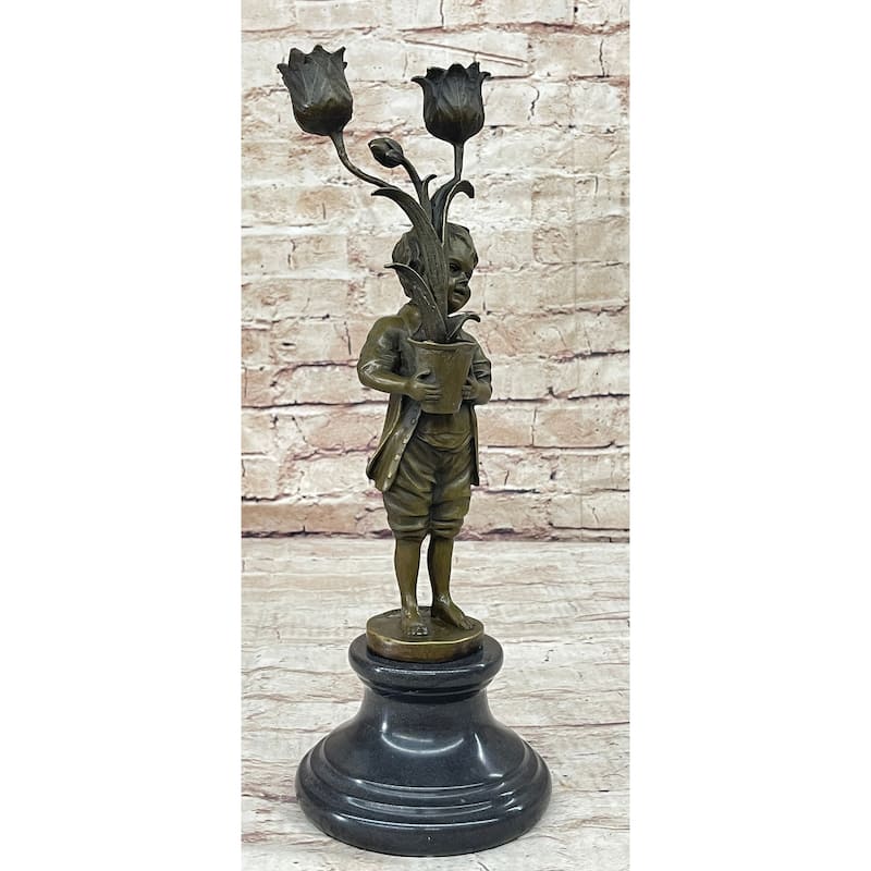 Original Aldo Vitaleh Boy Holding A Tulip Vase Bronze Candle Holder Sculpture