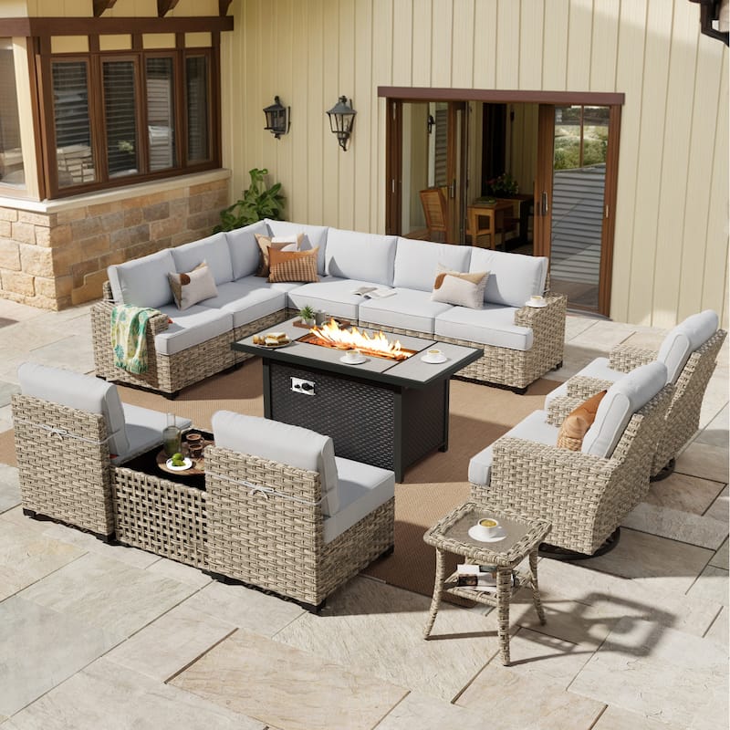 HOOOWOOO 13-piece Outdoor Wicker Furniture Swivel Chair Set with 54" Fire Pit Table - Grey