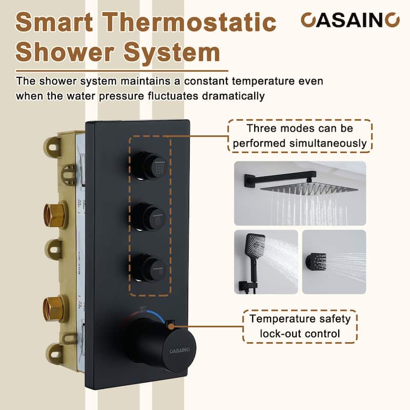 Luxury Thermostatic Shower System 3-Spray Patterns Wall Mount Fixed Shower Head and Handheld Spray with 6 Body Jets - 12" x 12"