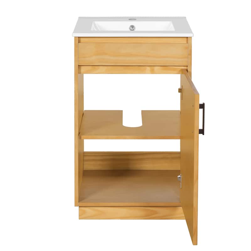 Roomfitters 20" Bathroom Vanity with Ceramic Sink, Freestanding Vanity Cabinet with Soft-Closing Door, Natural Wood Finish