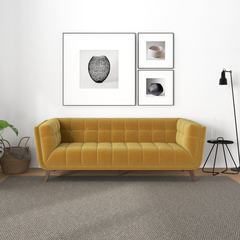 Kameron Mid Century Modern Style Channel Tufted Sofa Couch for Living Room - 86" - Dark Yellow