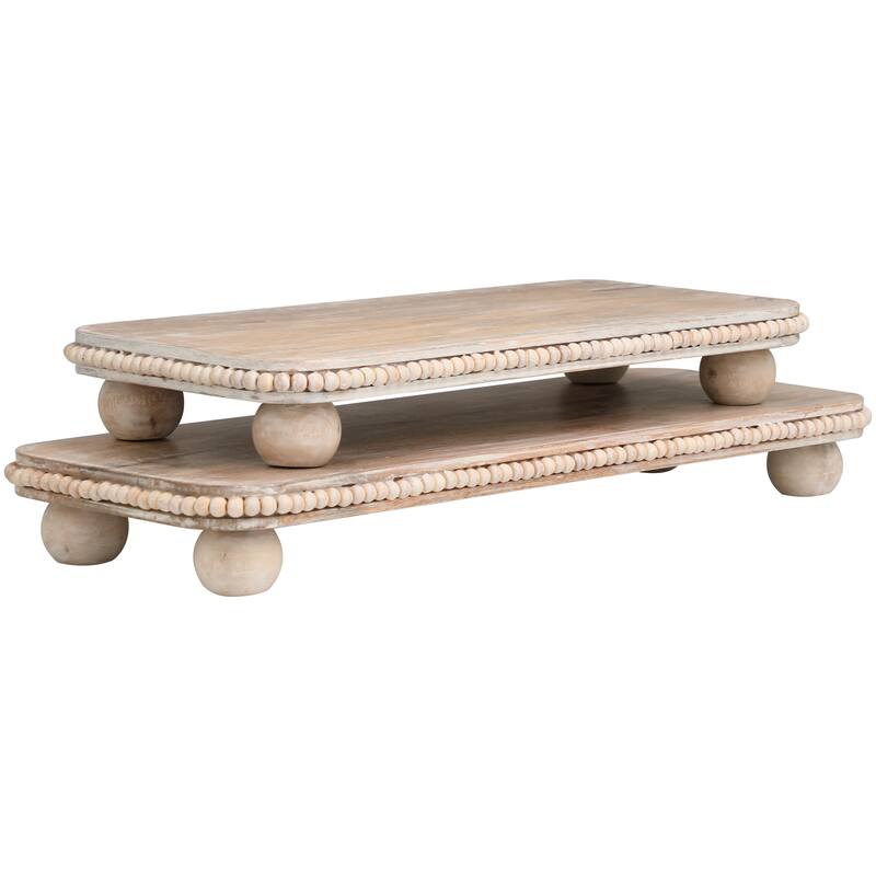 Light Brown Mango Wood Beaded Living Room Decor Tray with Large Ball Feet (Set of 2) - 23", 18"W